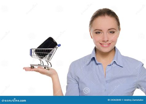 Smartphone In Shopping Trolley On The Women Palm Stock Photo Image Of