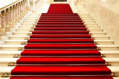 A Red Carpeted Staircase Leading Up To A Window