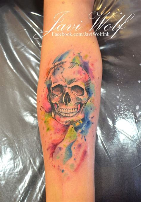 Black And Colorful Watercolor Skull Tattoo