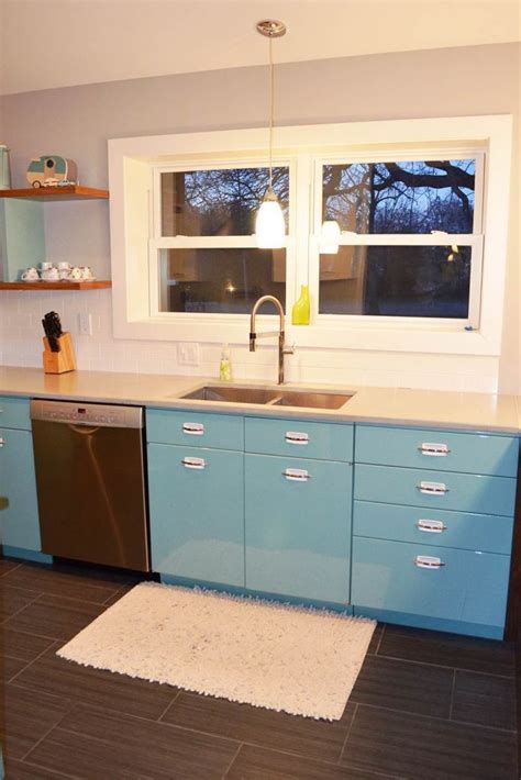 The open modular shelf unit provides quick access to items. Sam has a great experience with powder coating her vintage steel kitchen cabinets | Steel ...