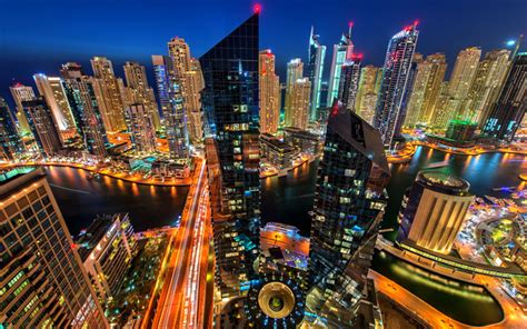 Download Wallpapers Dubai Night Skyscrapers Modern Buildings Uae