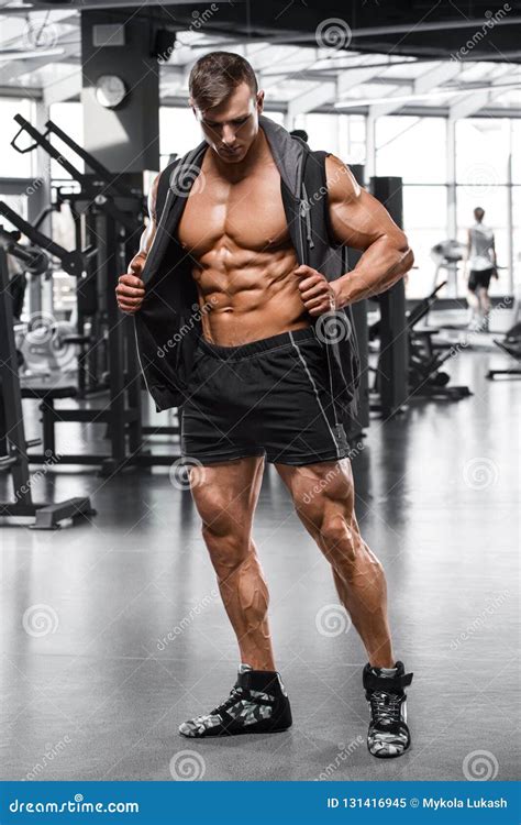 Muscular Man Working Out In Gym Strong Male Naked Torso Abs Stock