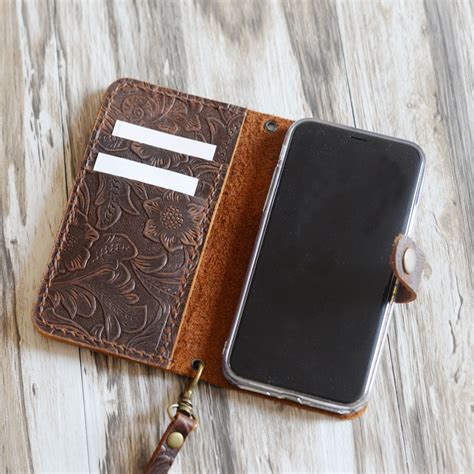 Womens Tooled Leather Iphone Wallet Case Handmade Brown 408