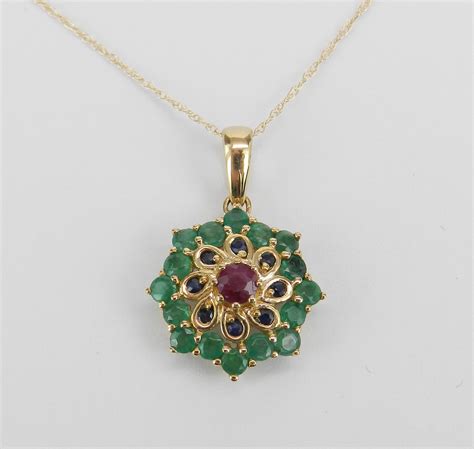 Emerald Ruby Sapphire Cluster Flower Pendant Necklace 14K Yellow Gold 18 Chain