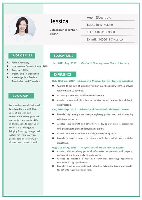 word of light green nursing resume docx wps free templates