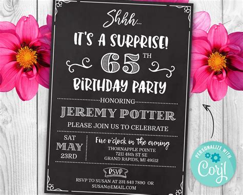 Surprise 65th Birthday Invitation Sixty Five Invite Party Etsy Uk