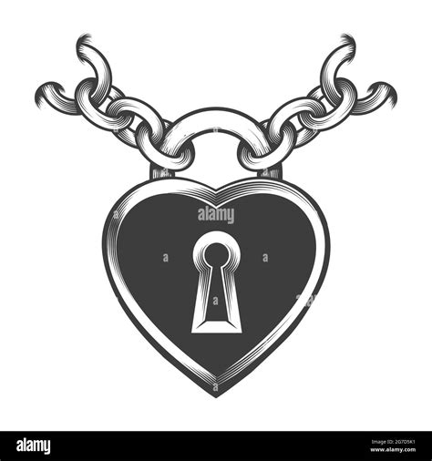 Tattoo Of Heart Shaped Lock And Chains Drawn In Engraving Style Vector