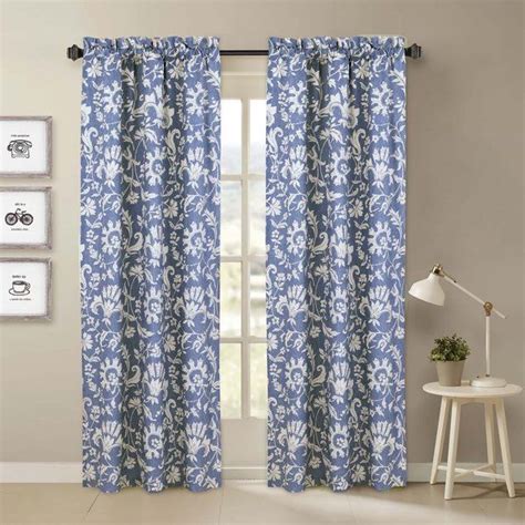 Malaki Floral Room Darkening Rod Pocket Curtain Panels Blue And White