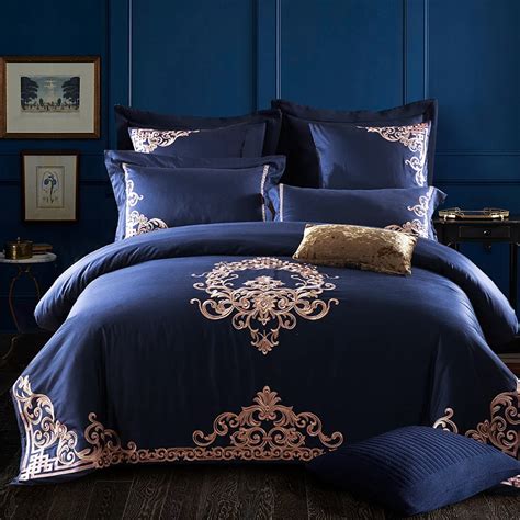 Luxury Deep Blue European Bedding Sets Queen King Size Embroidery