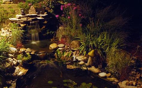 Garden Waterfall And Pond At Night Seni
