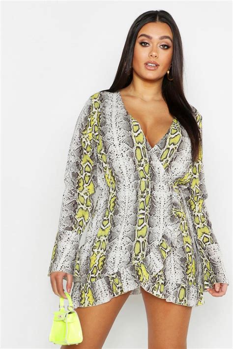 Plus Snake Ruffle Wrap Dress Boohoo