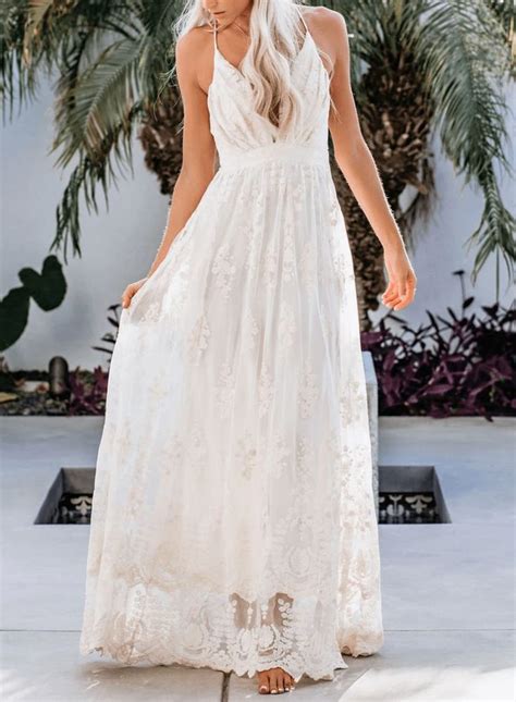 Flowy Deep V Neck Maxi Summer Dress Ootdart In 2020 White Lace Maxi