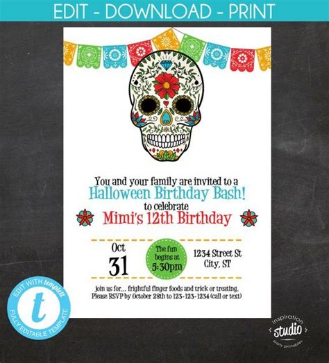 Sugar Skull Birthday Invitation Halloween Birthday Invite Day Of The