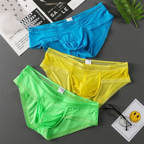 3pc Men S Briefs Ice Silk U Pouch Men Underwear Sexy Lingerie Low Rise Summer Panties Man Sea