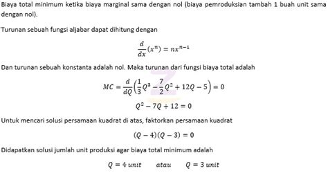 Soal Jika Fungsi Biaya Total C 1 3 Q 3 7 2 Q 2 12 Q 5 Fungsi Marginal Dinyatakan Mc