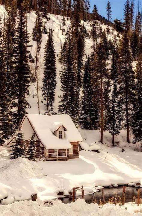 Beautiful Winter Scene With Cabin And Pond Source
