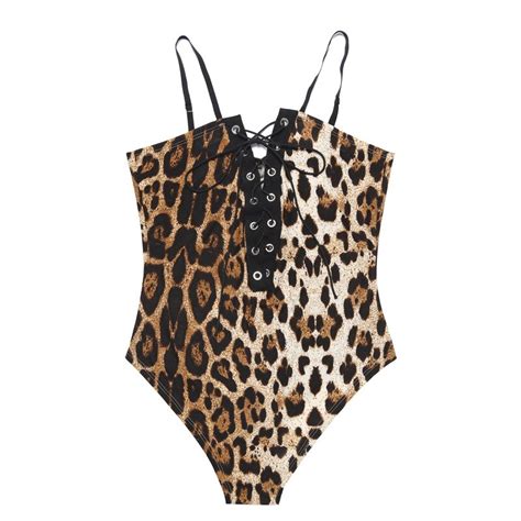 Leopard Print Skinny Sexy Bodysuit Women Autumn V Neck Spaghetti Strap Lace Up Women Rompers