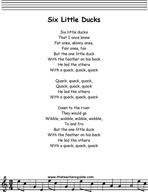 Six Little Ducks Lyrics Printout With Images Classroom Songs