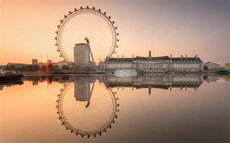 London England City Water Reflection London Eye Ferris Wheel