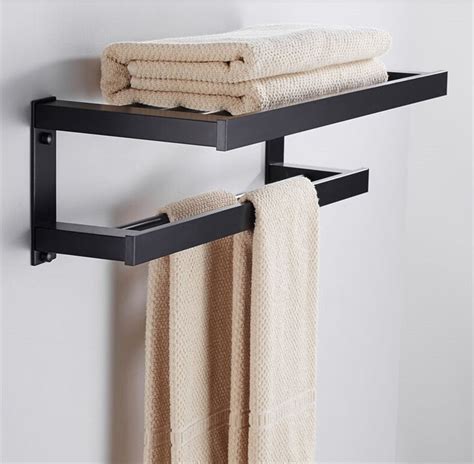 Matt Black Bathroom Towel Rack Wall Mounted Shelf With Twin Tier Towel