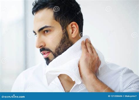 Face Washing Happy Man Drying Skin With Towel Stock Photo Image Of