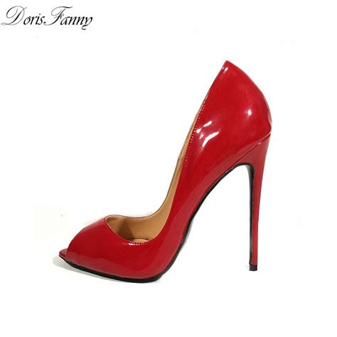Dorisfanny Red Peep Toe High Heels Ladies Patent Leather Shoes Size 42 Fashion Women Pumps Free