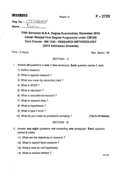 Research Methodology Previous Question Paper Bm F Pages