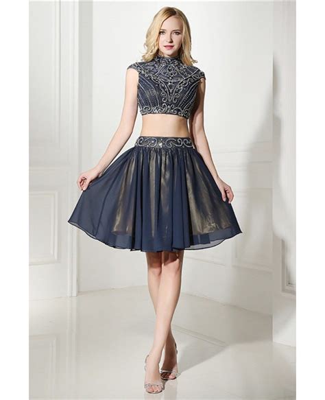 Modest Two Piece Short Prom Dress Navy Blue With Beading Top H76133