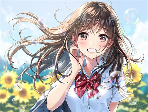 Anime School Girl Smiling Sunflowers Brown Hair Windy Anime Hd