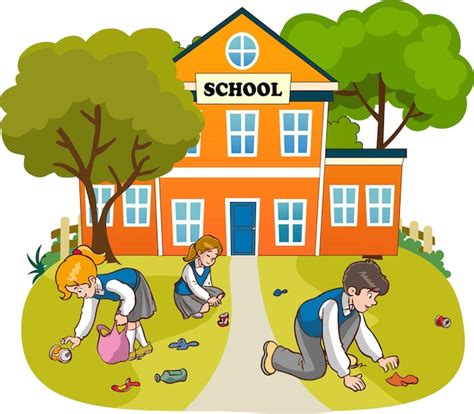 Premium Vector Kids Volunteering Cleaning Up School Cartoon Vector
