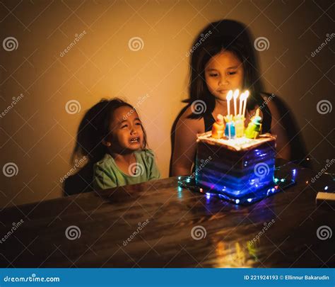 Cute Crying Little Girl Celebrating Birthday Child Unhappy For No