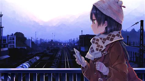 Wallpaper City Anime Girls Short Hair Hat Black Hair Bridge Train Station Phone