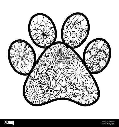 Monochrome Hand Drawn Zentagle Illustration Of Dog Paw Print Coloring