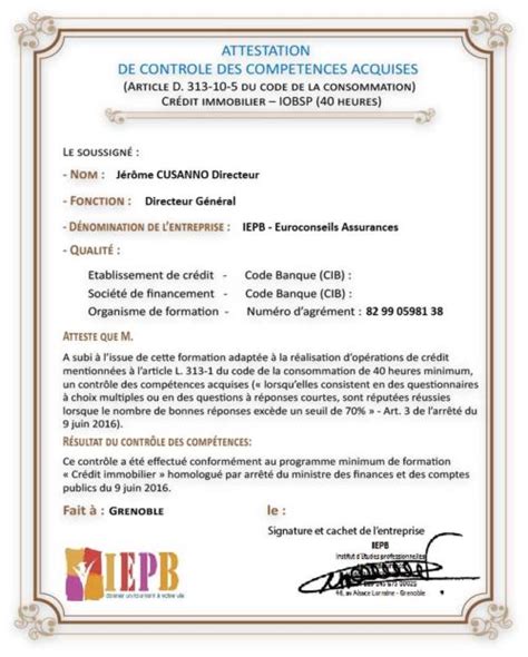 Attestation Module De 40h Modlèle Orias Iepb Institut Detudes