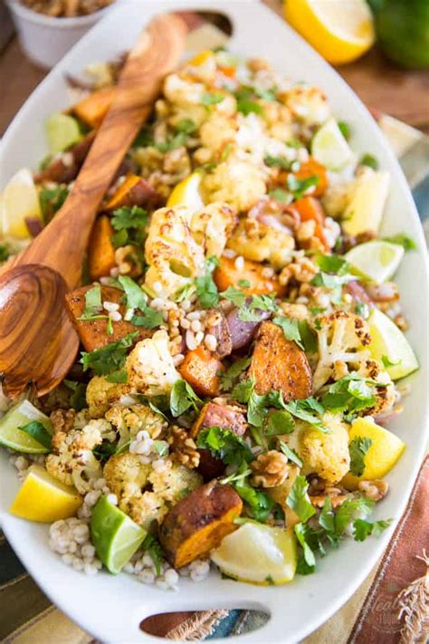 Seal tightly and shake well until vegetables are evenly coated. Oven Roasted Cauliflower Sweet Potato Barley Salad • The Healthy Foodie