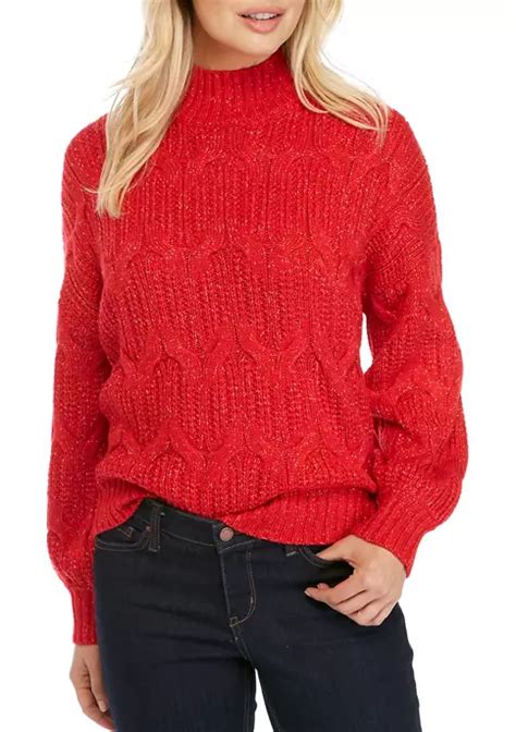 New Directions Womens Mock Neck Cable Knit Sweater Belk