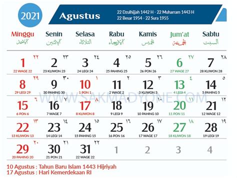 Kalender Jawa Bulan Agustus 2021 Lengkap Dengan Dino Pasaran Agustus
