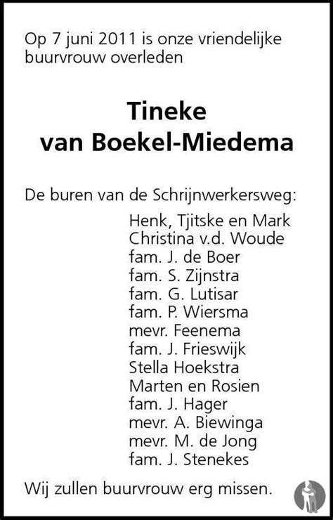 Trijntje Tineke Van Boekel Miedema 07 06 2011 Overlijdensbericht En