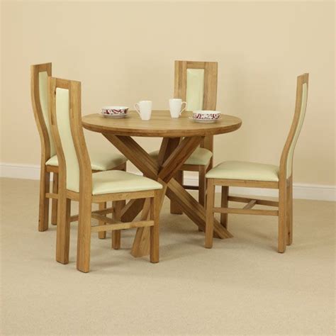 Solid Oak Round Dining Table With Crossed Legs 4 Cream Curve Back