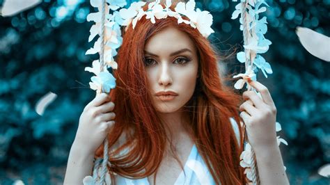 Close View Redhead Girl Model Swing Wreath Flowers Blur Bokeh Background White Dress Hd Girls