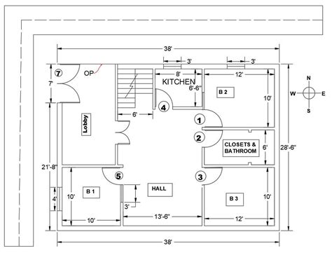 3bhk Simple House Layout Plan With Dimension In Autocad File Cadbull