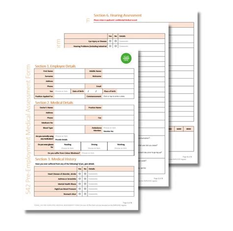 Pre Employment Medical Assessment Form 542