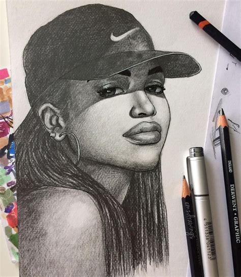A Drawing Of A Woman Wearing A Baseball Cap And Earring Next To Some
