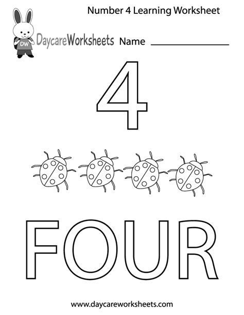 Free Printable Number Four Learning Worksheet for Preschool