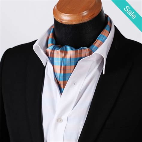 Rc305n Orange Blue Check Silk Cravat Woven Ascot Tie Pocket Square