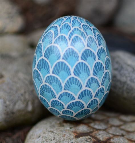 Blue Pysanka Egg Ornament Koi Fish Scales Design Turquoise Dragon Egg