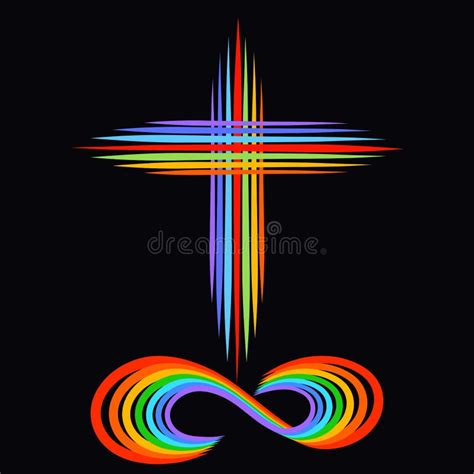 Rainbow Christian Cross En Oneindig Symbool Op Zwarte Achtergrond Stock