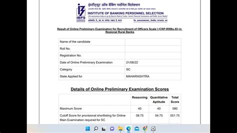 My Ibps Rrb Po Prelims Scorecard Youtube