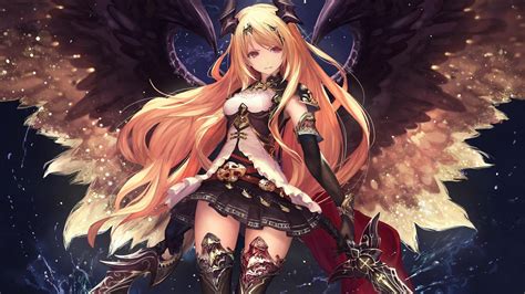 Wallpaper Illustration Long Hair Anime Girls Wings Angel Horns Skirt Red Eyes Sword