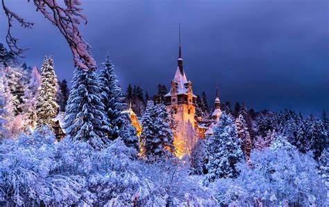 Peles Castle Sinaia Romania Winter Scenery Desktop Wallpaper